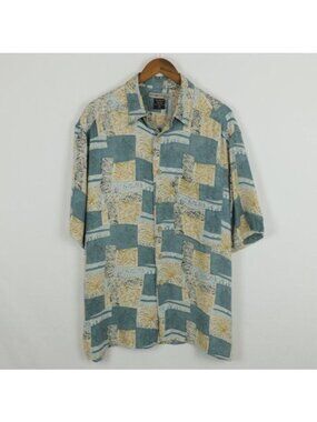 Exofficio Travel Men's Medium Blue Cream Rayon Short Sleeve Button Up  Shirt